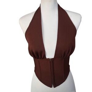 Womens Choclate Brown Sexy Halter Backless Deep V Neck Cami Tank Vest Crop Top S